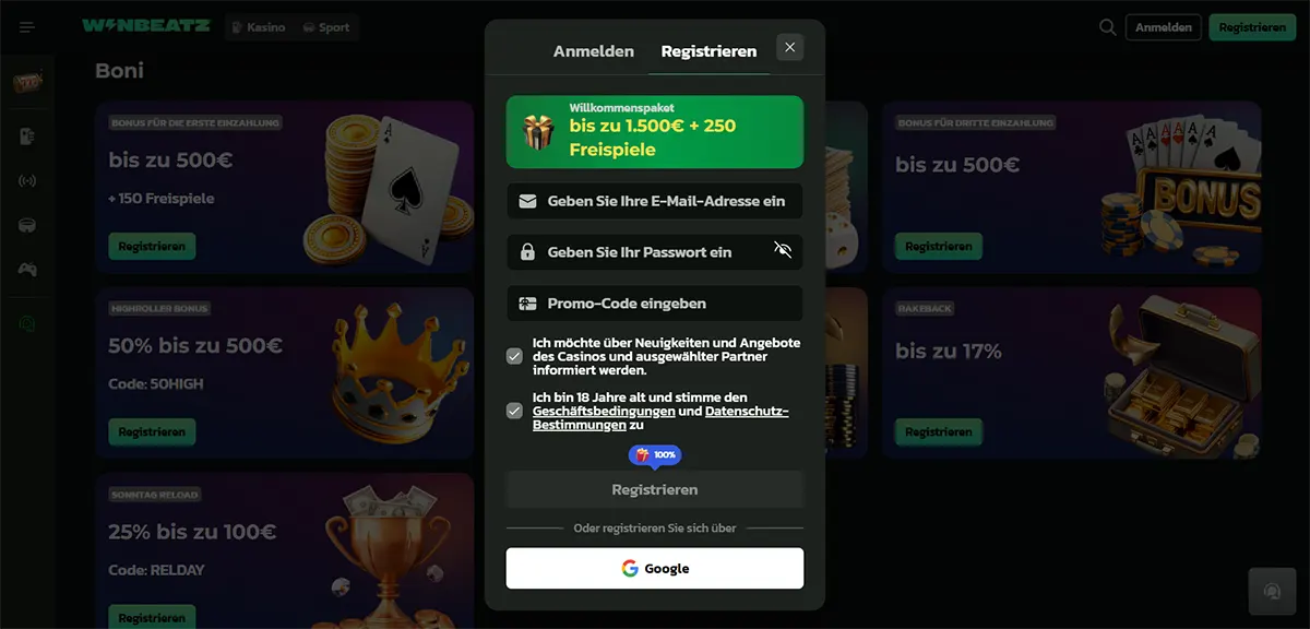 German casino registration popup showing a welcome package up to €1,500 + 250 free spins with email/password fields, promo code entry, consent checkboxes, and a Google sign-up option over a blurred bonuses page.